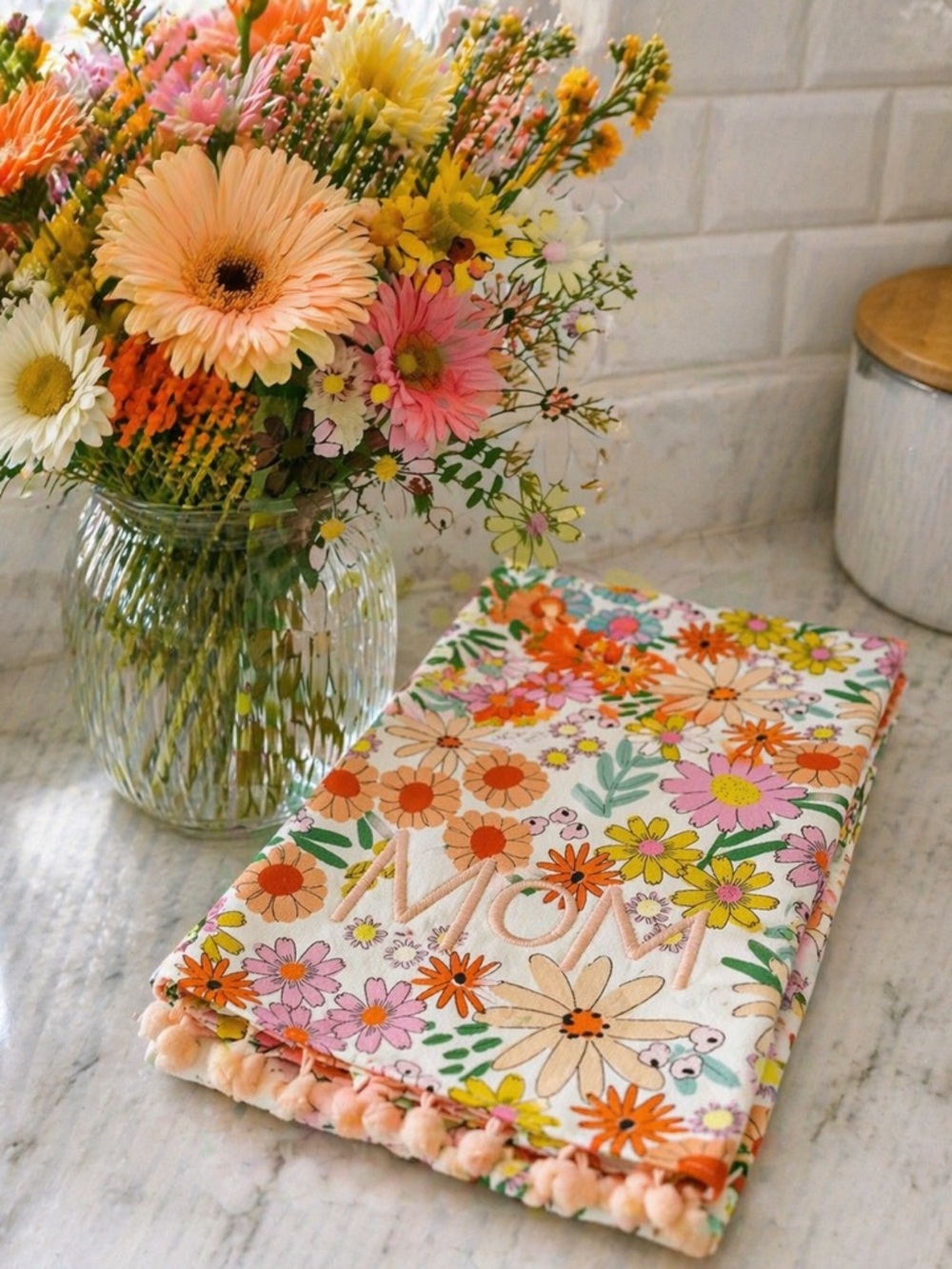 “Mom” Floral Hand Towel w/ Pom Trim | Mother’s Day Gift | Spring Kitchen Decor